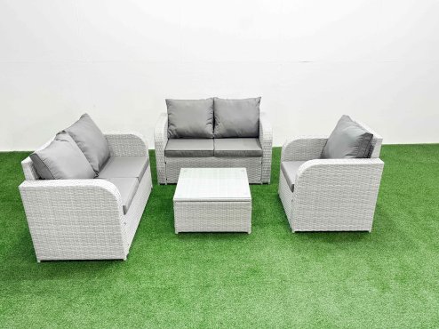 Fimous High Back Poly Rattan Garden Furniture Set with Reclining Chair Loveseat Sofa Square Coffee Table Indoor Outdoor Patio Set Light Grey