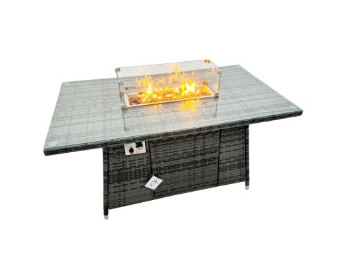 Fimous 11 Seat Poly Rattan Outdoor Patio Gas Firpit Dining Table Corner Sofa Set with 3 Stool 2 Chairs for Garden Backyard Dark Grey Mixed