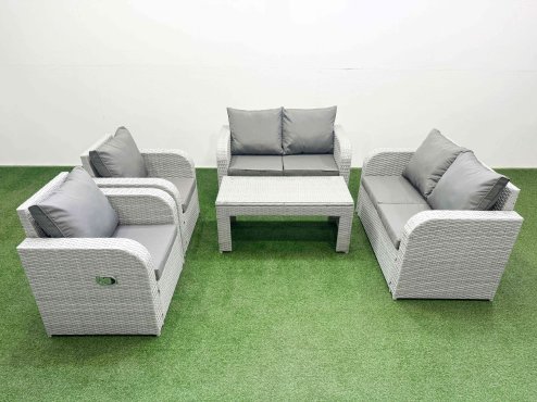 Fimous 6 Seater Outdoor Reclining Chair Love Sofa Set Rattan Garden Furniture Set with Oblong Coffee Table Light Grey Image