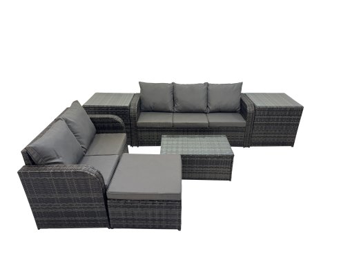 Fimous Outdoor Love Sofa 3 Seater Sofa Coffee Table Set Garden Rattan Furniture Set 6 Seater with 2 Side Tables Big Stool Dark Grey