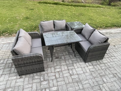 Fimous Rattan Garden Furniture Set 6 Seater Patio Outdoor Love Sofa Set with Rectangular Dining Table Side Table Dark Grey Mixed