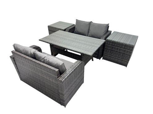 Fimous 4 Seat Outdoor Wicker PE Rattan Garden Furniture Set Dining Table Sofa Sets with 2 Side Tables Dark Grey Mixed