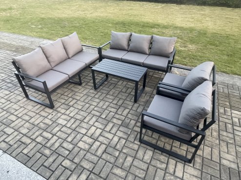 Fimous Aluminium 5 Pieces Garden Furniture Set with Cushions 8 Seater Outdoor Patio Lounge Sofa Set with 2 Armchairs Dark Grey