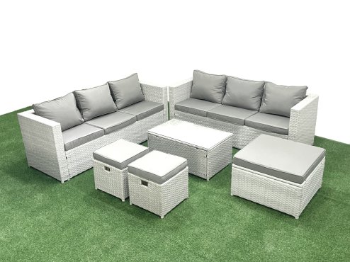 Fimous Garden Outdoor PE Rattan Furniture Set 9 Seater Rattan Garden Sofa Set with 3 Footstools Light Grey Mixed Image