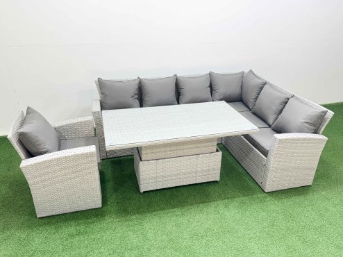 Fimous 7 Seat Rattan Garden Furniture Corner Sofa Set Outdoor Adjustable Lifting Dining or Coffee Table Set with Armchair Light Grey