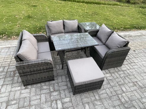 Fimous Rattan Garden Furniture Set 7 Seater Patio Outdoor Love Sofa Set with Rectangular Dining Table Big Footstool Side Table Dark Grey Mixed