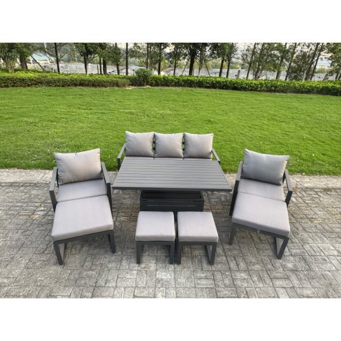 Fimous Aluminium Garden Furniture Sets 8 Seater Outdoor Sofa Set with Adjustable Rising Lifting Dining Table 2 Chairs 3 Footstools 2 Side Tables