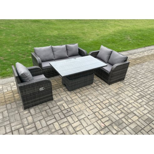 Fimous Outdoor Rattan Furniture Garden Dining Set Patio Height Adjustable Rising lifting Table with 3 Seater Sofa Reclining Chair Love Sofa Dark Grey Mixed