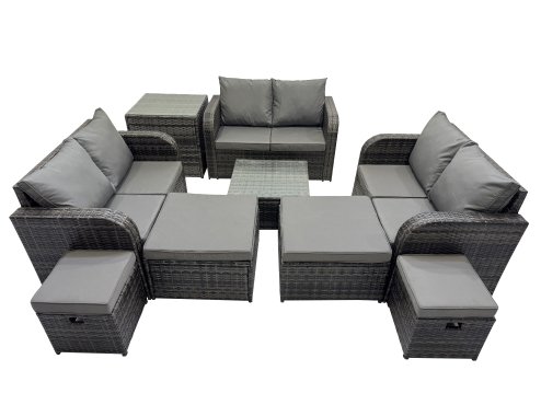 Fimous Rattan Garden Outdoor Furniture Set Love Sofa Square Coffee Table Set with 4 Stools Side Table Dark Grey Mixed