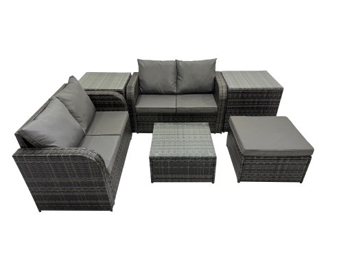 Fimous Rattan Garden Outdoor Furniture Set Love Sofa Square Coffee Table Set with 2 Side Table Big Stool Dark Grey Mixed