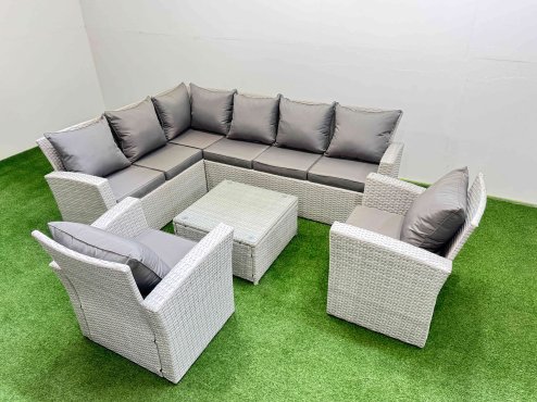 Fimous Outdoor Rattan Garden Furniture Set 8 Seater Corner Sofa Sets with Square Coffee Table 2 Chairs Light Grey Mixed