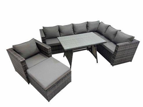 Fimous Rattan garden furniture Patio Furniture Sets with Dining Table Big Stool Chair Dark Grey Mixed