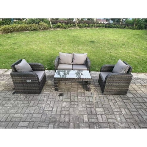 Fimous Dark Grey PE Wicker Rattan Garden Furniture Set Love Sofa Reclining Chair Outdoor Rectangular Coffee Table 4 Seater