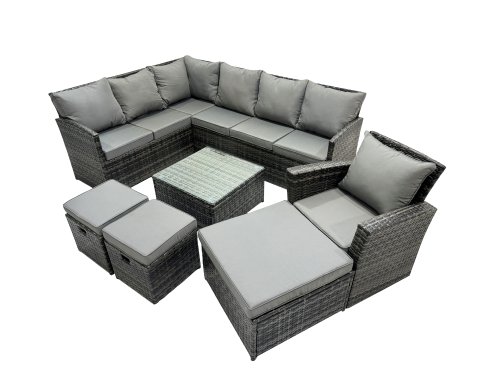 Fimous 10 Seat Poly Rattan Outdoor Patio Coffee Table Corner Sofa Set with 3 Stool Chair for Garden Backyard Dark Grey Mixed