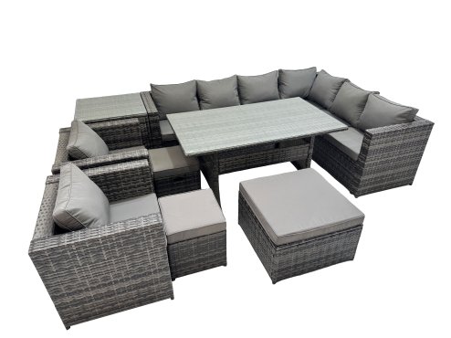 Fimous Rattan Garden Furniture Set Outdoor 11 Seater Patio Dining Corner Sofa Sets with Dining Table 2 Chairs 3 Stools Side Table Dark Grey Mixed