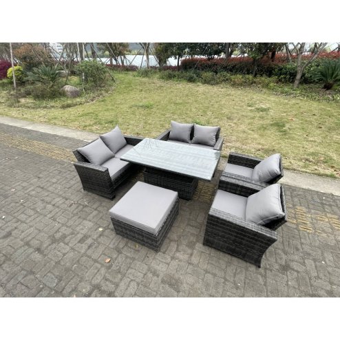 Fimous Rattan Outdoor Furniture Adjustable Rising Lifting Rectangle Dining Table Chairs Two Seater Love Sofa Sets Big Footstools 7 Seater