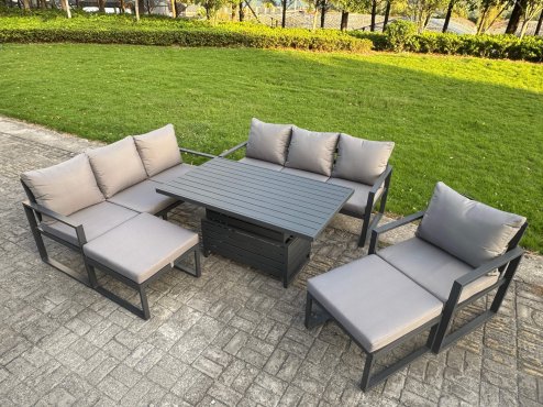 Fimous Aluminium Garden Furniture Sets,9 Seater Outdoor Sofa Dining Set with Adjustable Rising Lifting Dining Table 2 Side Tables 2 Small Footstools for Yard,Poolside, Patio, Dark Grey