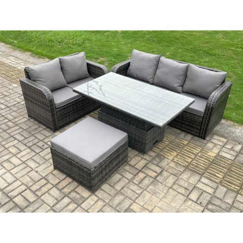 Fimous Outdoor Rattan Garden Furniture Sets Height Adjustable Rising lifting Dining Table Lounge Sofa Set With Big Footstool Dark Grey Mixed