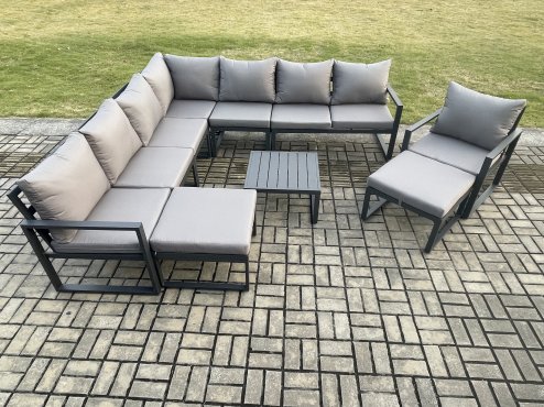 Fimous Aluminium Outdoor Garden Furniture Set Lounge Corner Sofa Chair Square Coffee Table Sets with 2 Big Footstools Dark Grey