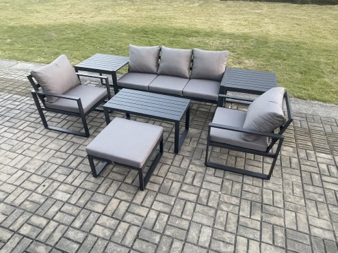 Fimous Aluminium Patio Outdoor Furniture Set 6 Seater Garden Sofa with Oblong Coffee Table Big Footstool 2 Armchairs 2 Side Tables Dark Grey
