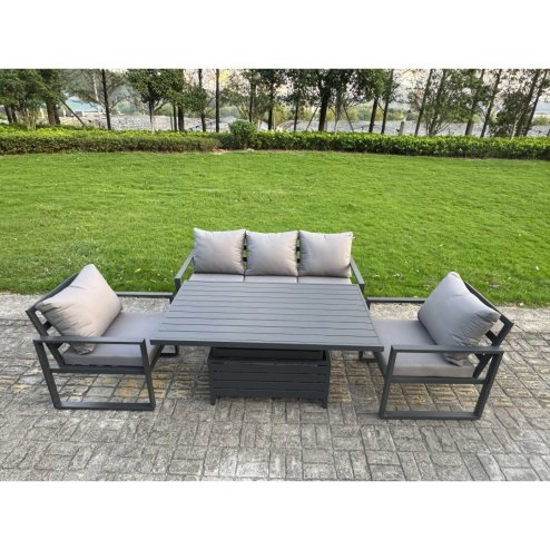 Fimous 7-Piece Aluminium Garden Furniture Sets 6 Seater Outdoor Conversational Dining Set with Adjustable Rising Lifting Dining Table 2 Side Table