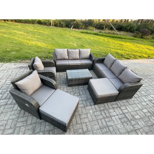 Fimous Wicker PE Rattan Garden Furniture Set 10 Seater Outdoor Lounge Sofa Set with Coffee Table 2 Big Footstool Dark Grey Mixed