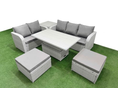 Fimous 7 Seater PE Rattan Wicker Garden Furniture Patio Conservatory Sofa Set with Adjustable Lifting Dining or Coffee Table 3 Seater Sofa Love Sofa 2 Big Footstool Side Table