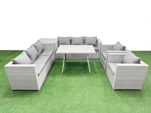 Fimous 8 Seater Garden Furniture Set PE Ratten Garden Sofa Set with Rectangular Dining Table Side Table Light Grey