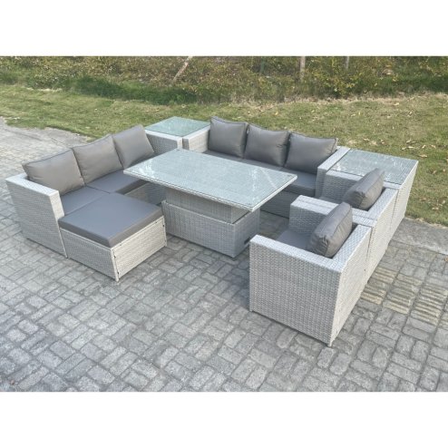 Fimous Rattan Garden Funiture Set Height Adjustable Rising Lifting Table Sofa Dining Set Lounge Chair 2 Side Table Footstool