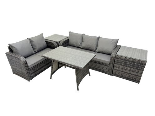 Fimous Garden Rattan Outdoor Furniture Set 5 Seater with Love Sofa 3 Seater Sofa 2 Side Table Dark Grey
