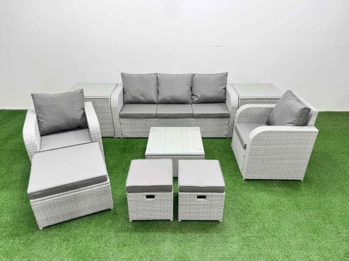 Fimous PE Rattan Garden Furniture Set Reclining Chair Sofa Lounge Sofa Set Square Coffee Table 2 Side Table 3 Stools Light Grey