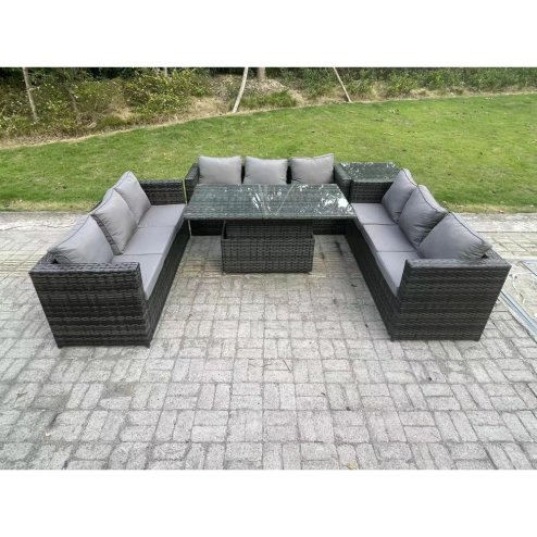 Fimous 9 Seater Outdoor Rattan Garden Furniture Sofa Set Patio Adjustable Rising Lifting Dining Table Set with Side Table Dark Grey Mixed