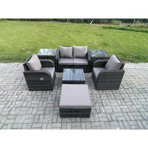 Fimous Rattan Garden Furniture Set Patio Conservatory Indoor Outdoor 7 Piece Set with Love Sofa Square Coffee Table 2 Side Tables Big Footstool