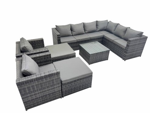Fimous Outdoor PE Rattan Garden Furniture Sofa Set with Square Coffee Table 2 Big Stools 2 Chair Dark Grey