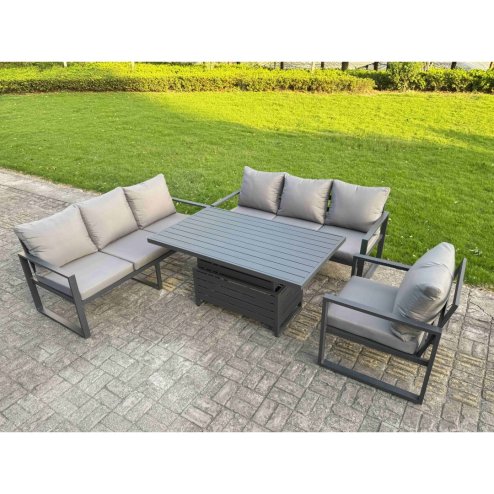 Fimous 8 Pieces Garden Furniture Set Aluminium Adjustable Rising Lifting Dining Table and Sofa Set with 2 Side Tables 3 Footstools Dark Grey
