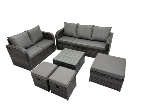 Fimous Wicker PE Rattan Garden Outdoor Furniture Set Love Sofa Square Coffee Table Set with 3 Stools Dark Grey Mixed