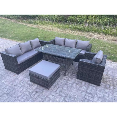 Fimous 8 Seater Outdoor Lounge Sofa Garden Furniture Set Patio Rattan Rectangular Dining Table Chair with Big Footstool Dark Grey Mixed