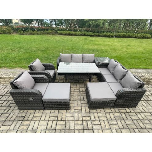 Fimous 10 Seater Rattan Garden Furniture Set Oblong Rectangular Dining Table and Chairs Set with 3 Seater Sofa 2 Big Footstool Side Table Dark Grey Mixed