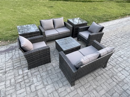 Fimous Rattan Garden Furniture Set Patio Outdoor Lounge Sofa Set with Square Coffee Table Double Seat Sofa 2 Side Tables Dark Grey Mixed