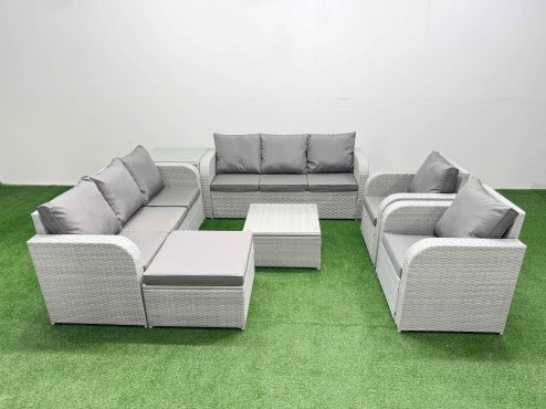 Fimous PE Rattan High Back Lounge Sofa Set Patio Square Coffee Table & Chairs Set with 3 Seater Sofa Reclining Chair Big Footstool Side Table Light Grey