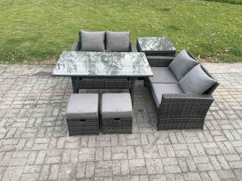 Fimous PE Wicker Rattan Garden Furniture Set Love Sofa Outdoor Rectangular Dining Table 2 Small Footstool Side Table Dark Grey Mixed