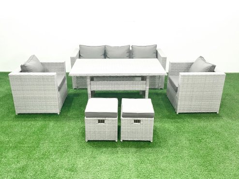Fimous Garden Dining Set Outdoor Rattan Furniture Set with Sofa Dining Table 2 Chairs 2 Small Footstools Light Grey Mixed