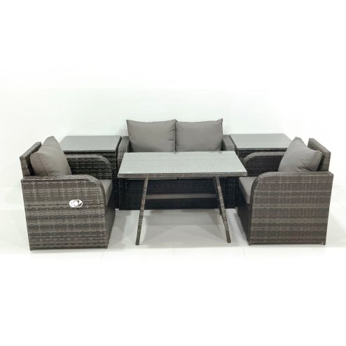 Fimous Outdoor Garden Furniture Set Rattan Sofa Dining Table Set with Reclining Chair 2 Side Tables Dark Grey Mixed