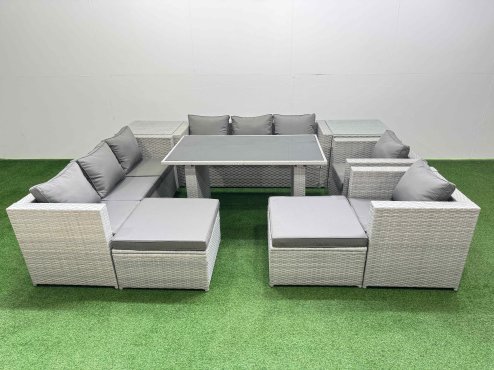 Fimous 10 Seater Wicker PE Rattan Furniture Outdoor Dining Table 3 Seater Sofa Armchair Set with 2 Side Tables 2 Big Stools Light Grey