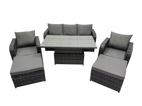 Fimous Rattan Garden Furniture Dining Set 6-seater Patio Height Adjustable Rising Lifting Table Sofa Set with 2 Big Footstools Dark Grey Mixed