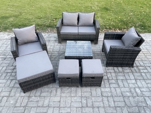 Fimous Rattan Wicker Garden Furniture Patio Conservatory Sofa Set with Square Coffee Table Armchair 2 Seater Sofa 3 Footstools