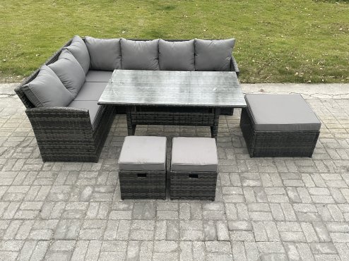 Fimous 9 Seater Outdoor Rattan Garden Furniture Set with Rectangular Dining Table 3 Footstools Patio Wicker Corner Sofa Set Dark Grey Mixed