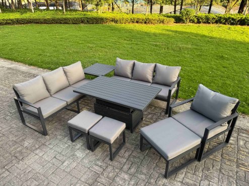 Fimous Garden Aluminium Furniture Set Dark Grey 10 Seater Outdoor Patio Adjustable Rising Lifting Dining Table with 3 Footstools Dark Grey