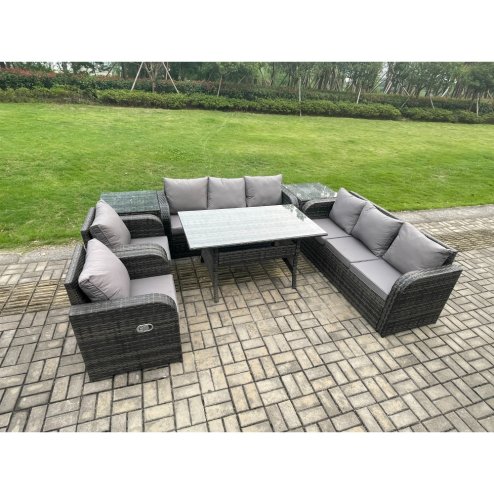 Fimous Outdoor Garden Patio Furniture Wicker Rattan Oblong Rectangular Dining Table and Lounge Sofa set with 2 Side Table Dark Grey Mixed