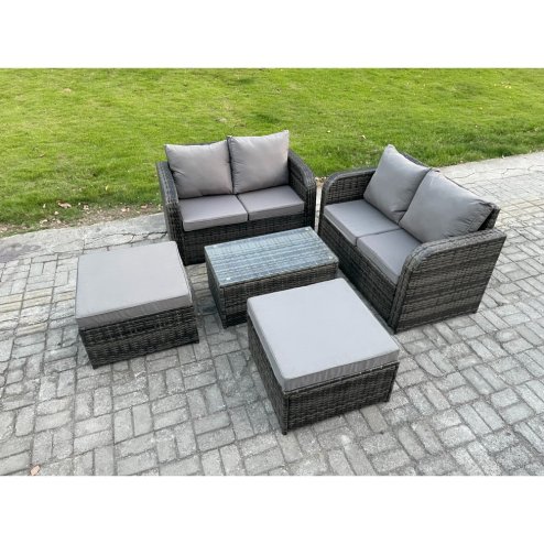 Fimous Rattan Garden Furniture Set 6 Seater Patio Outdoor Lounge Sofa Set with Rectangular Coffee Table 2 Big Footstool Dark Grey Mixed